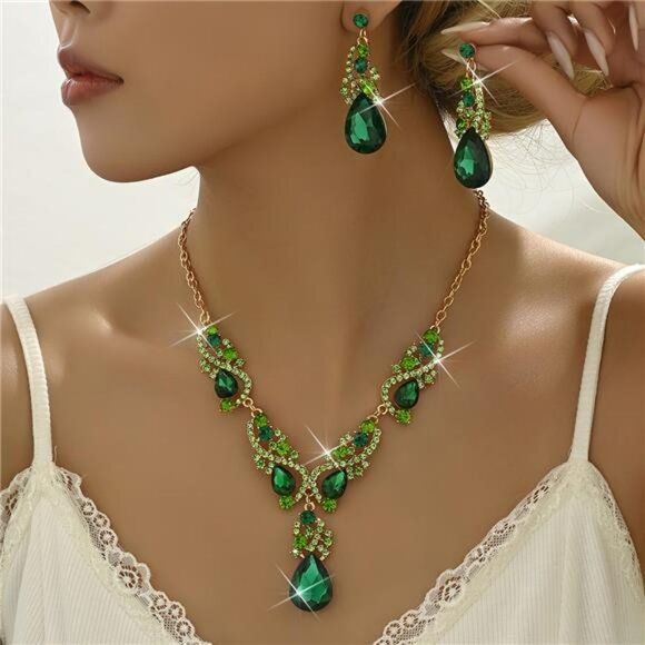 Green Necklace Earrings Dangle Drop Crystal Statement Wedding Bridal Jewelry Set - Picture 2 of 3